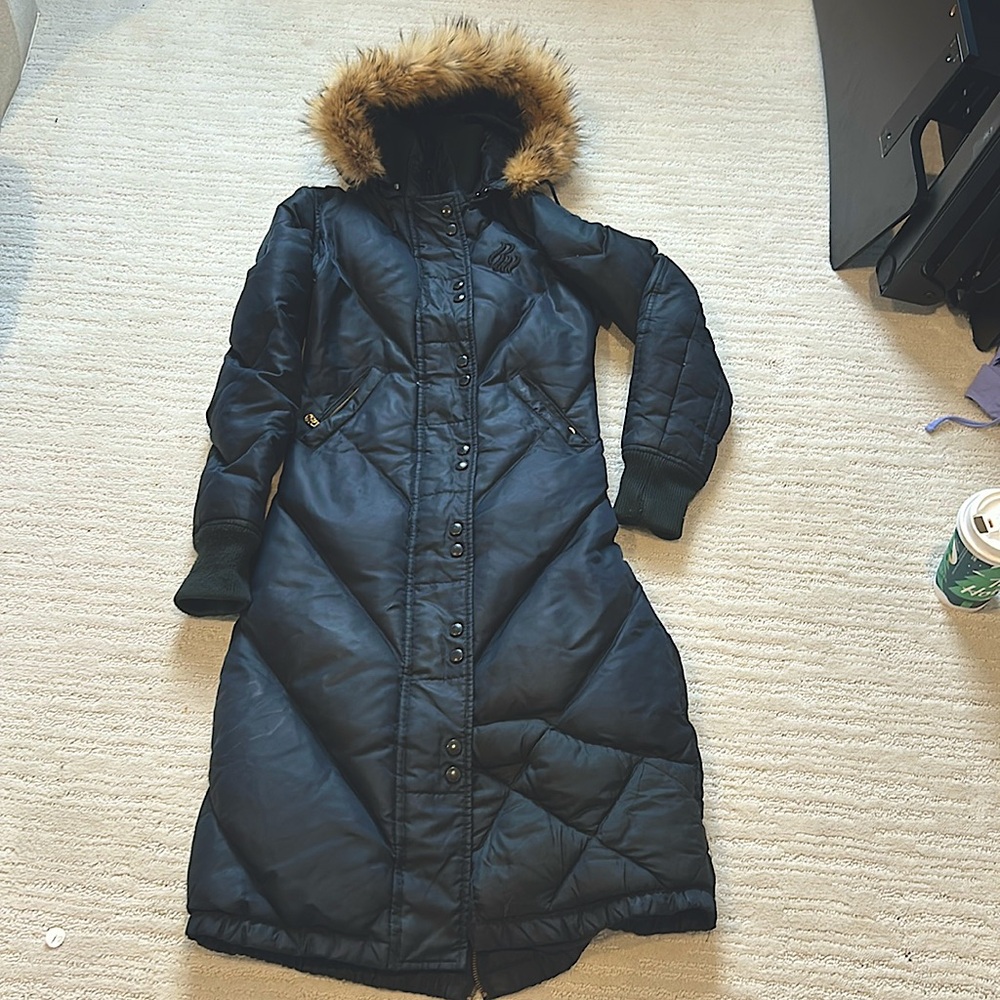 Roca Wear Womens Black Down Puffer Trench Coat down-fill Lined fur Hood Size XS